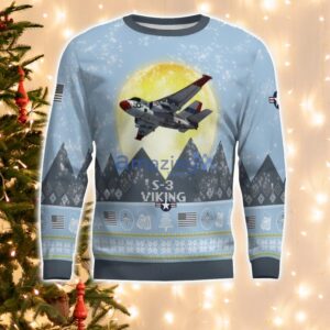 S-3 Viking S3 Light Blue Aircraft Moonlight 3D Ugly Christmas Sweater Christmas Gift Product Photo 2
