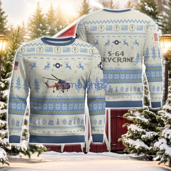 S-64 Skycrane S64 AOP Aircraft Ugly Christmas Sweater Christmas Gift Veteran Light Blue Color Product Photo 1