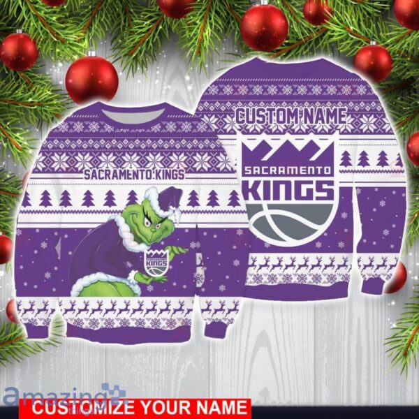 Sacramento Kings Grinch With Logo Ugly Christmas Sweater Custom Name For Fans Product Photo 1