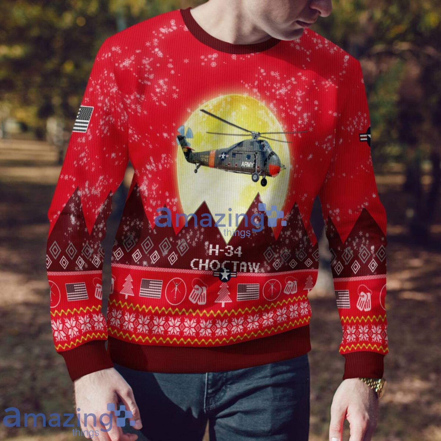 Sikorsky H 34 Choctaw S 58 UH 34 UH34 S58 Aircraft Moonlight Red Color Ugly Christmas Sweater Christmas Gift image Sikorsky H-34 Choctaw S-58 UH-34 UH34 S58 Aircraft Moonlight Red Color Ugly Christmas Sweater Christmas Gift Product Photo 4