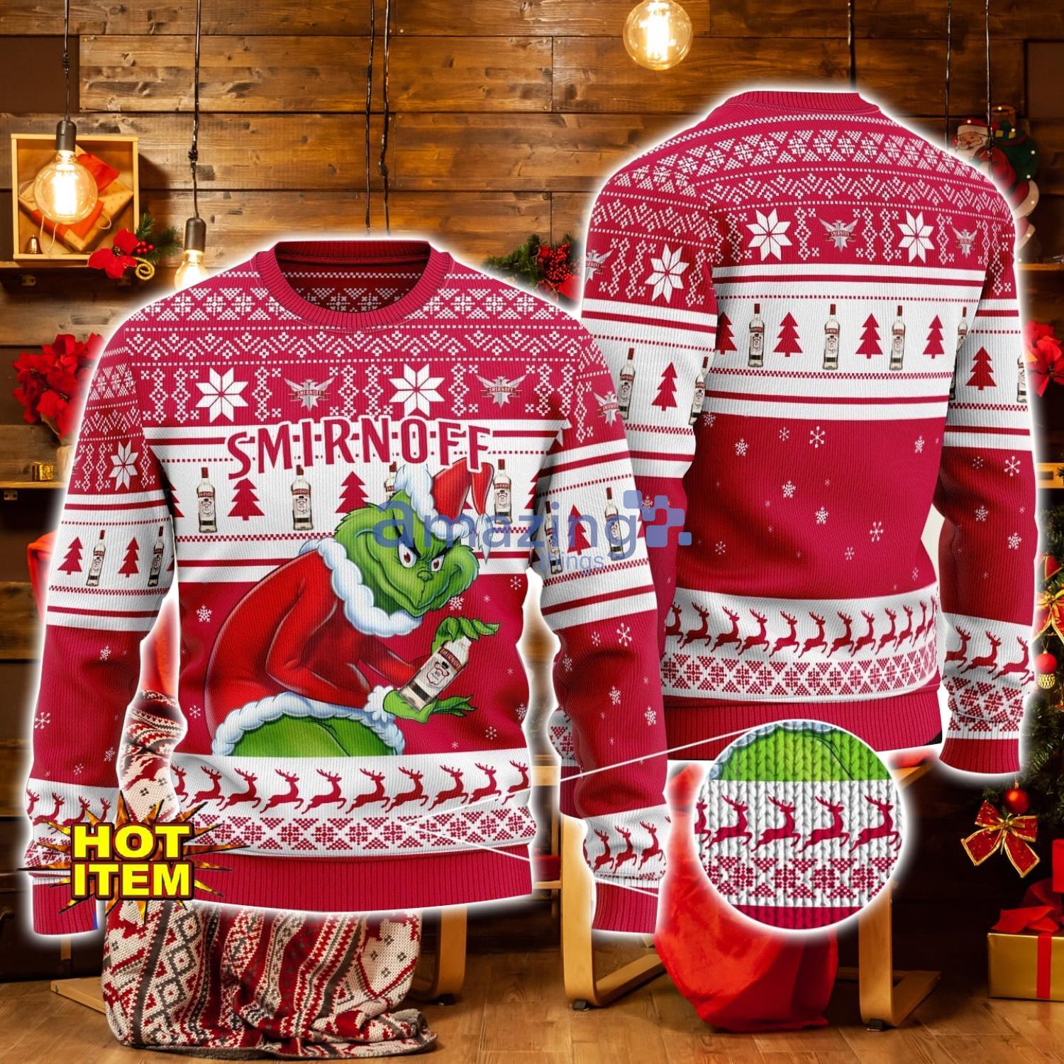 Smirnoff Vodka Grinch Hug Logo Ugly Christmas Sweater Christmas Gift For Men And Women image Smirnoff Vodka Grinch Hug Logo Ugly Christmas Sweater Christmas Gift For Men And Women Product Photo 1