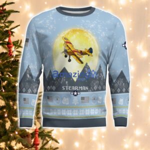 Stearman Light Blue Aircraft Moonlight 3D Ugly Christmas Sweater Christmas Gift Product Photo 2