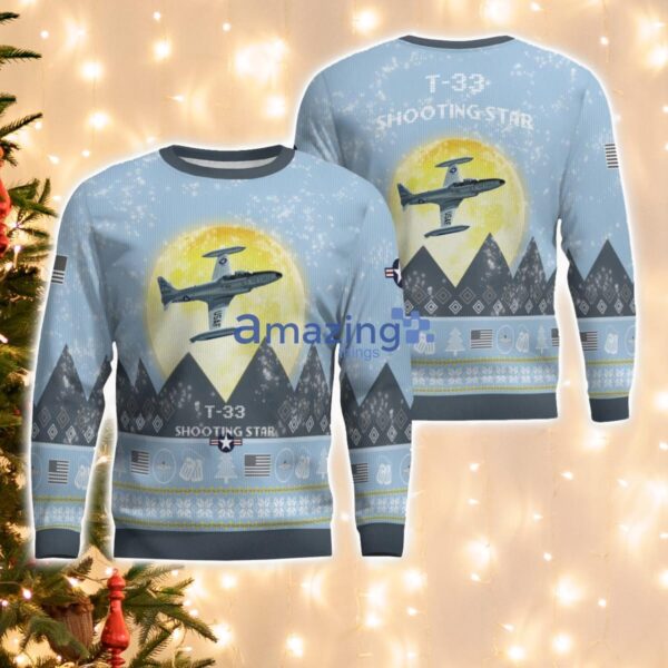 T-33 Shooting Star T33 Light Blue Aircraft Moonlight 3D Ugly Christmas Sweater Christmas Gift Product Photo 1