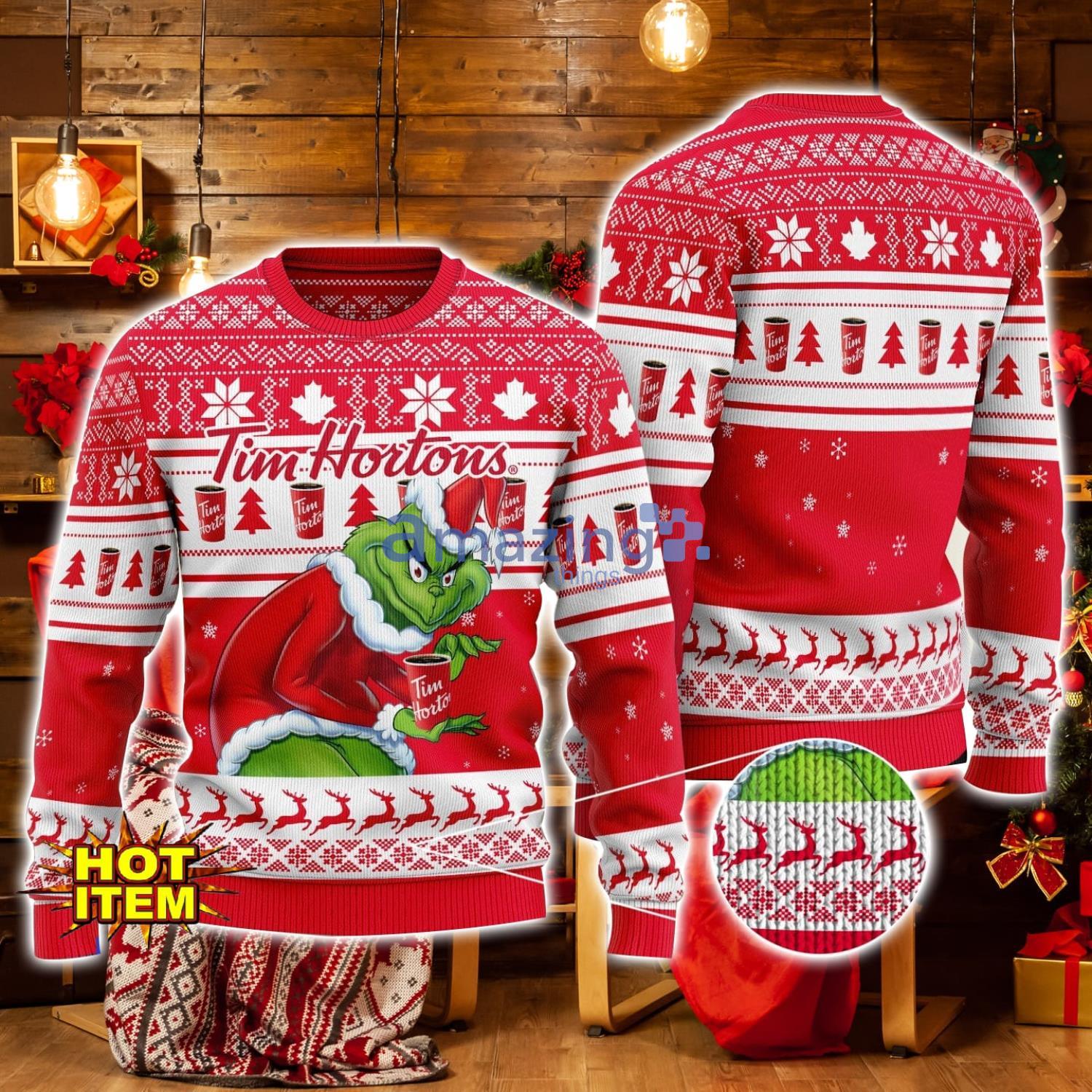 Tim Hortons Grinch Hug Logo Ugly Christmas Sweater Christmas Gift For Men And Women image Tim Hortons Grinch Hug Logo Ugly Christmas Sweater Christmas Gift For Men And Women Product Photo 1