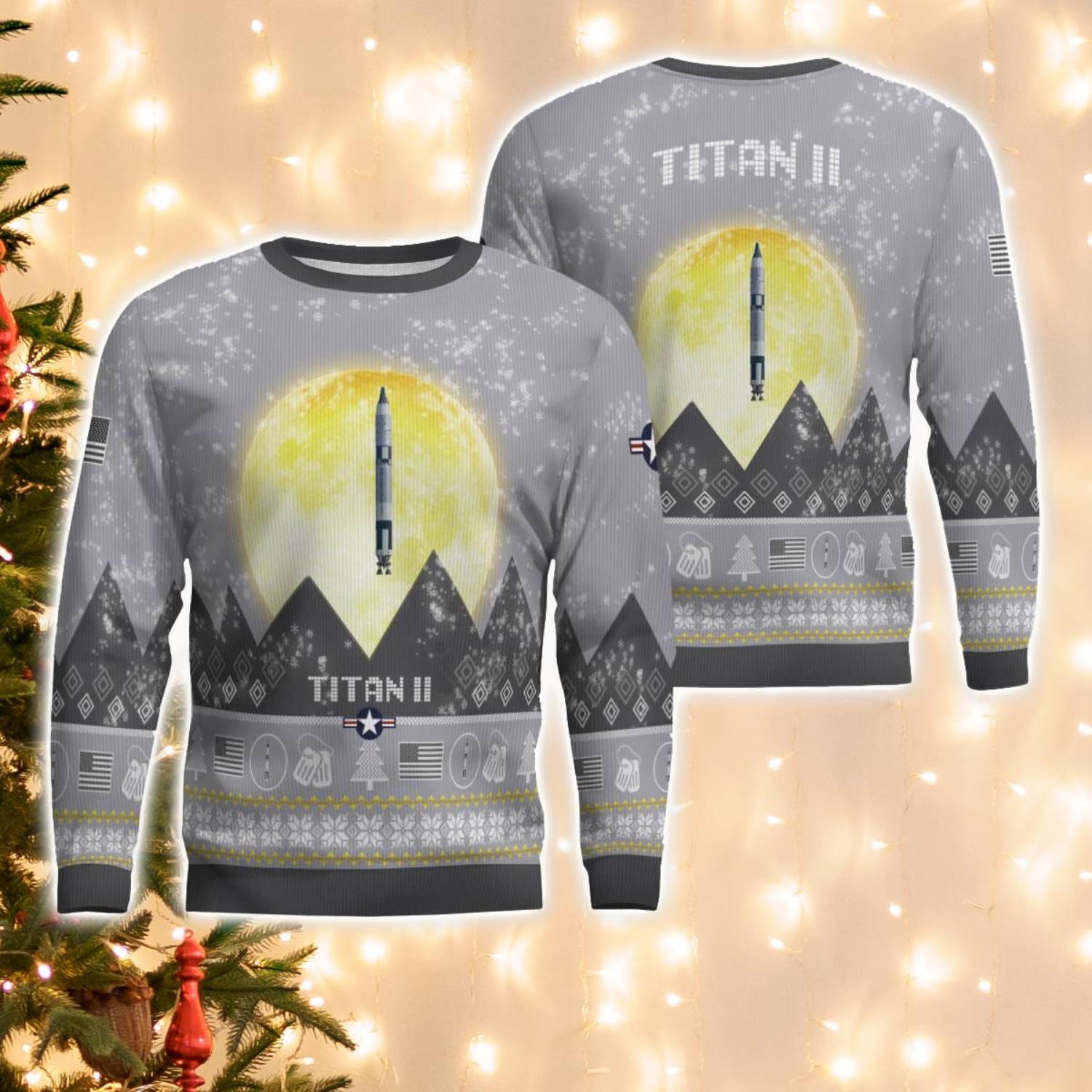 Titan II Aircraft Moonlight And Mountain Pattern Ugly Christmas Sweater Aircraft Lovers Christmas Gift image Titan II Aircraft Moonlight And Mountain Pattern Ugly Christmas Sweater Aircraft Lovers Christmas Gift Product Photo 1