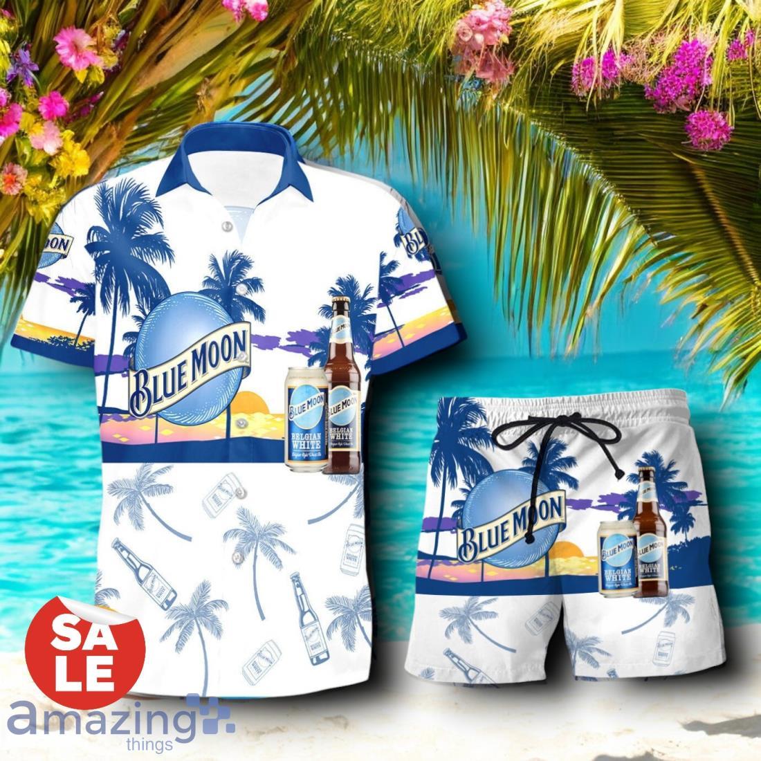 Tropical Beach Palm Tree Blue Moon Beer Hawaiian Shirt & Short image Tropical Beach Palm Tree Blue Moon Beer Hawaiian Shirt & Short Product Photo 1