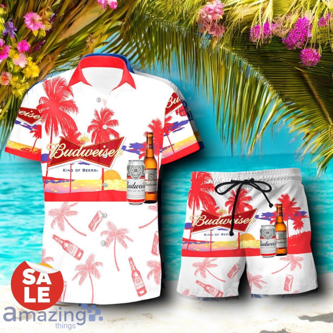 Tropical Beach Palm Tree Budweiser Beer Hawaiian Shirt & Short image Tropical Beach Palm Tree Budweiser Beer Hawaiian Shirt & Short Product Photo 1