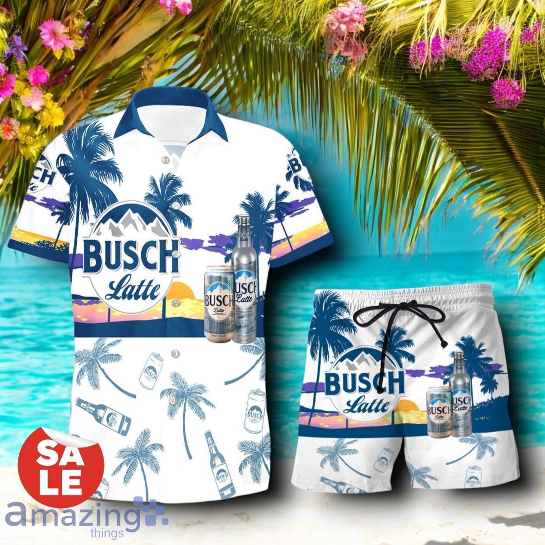 Tropical Beach Palm Tree Busch Latte Beer Hawaiian Shirt & Short image Tropical Beach Palm Tree Busch Latte Beer Hawaiian Shirt & Short Product Photo 1