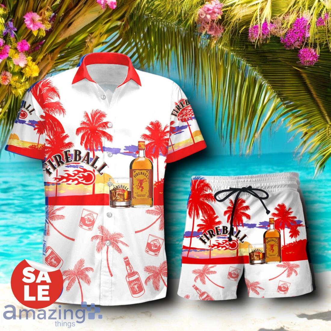 Tropical Beach Palm Tree Fireball Cinnamon Whisky Hawaiian Shirt & Short image Tropical Beach Palm Tree Fireball Cinnamon Whisky Hawaiian Shirt & Short Product Photo 1