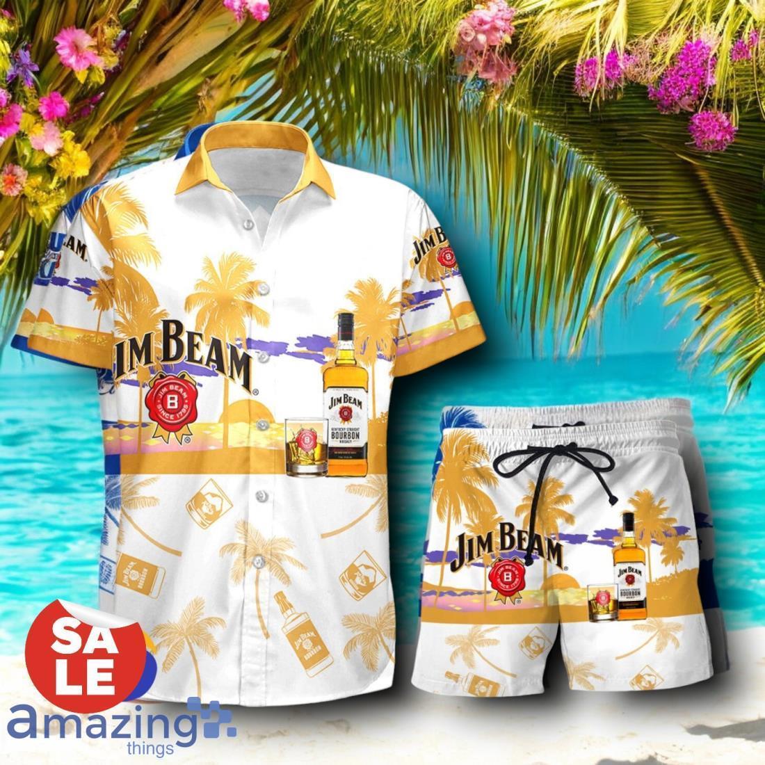 Tropical Beach Palm Tree Jim Beam Hawaiian Shirt & Short image Tropical Beach Palm Tree Jim Beam Hawaiian Shirt & Short Product Photo 1