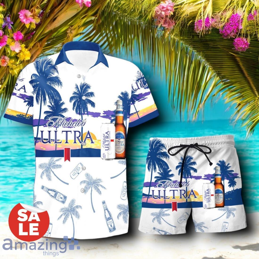 Tropical Beach Palm Tree Michelob Ultra Hawaiian Shirt & Short image Tropical Beach Palm Tree Michelob Ultra Hawaiian Shirt & Short Product Photo 1