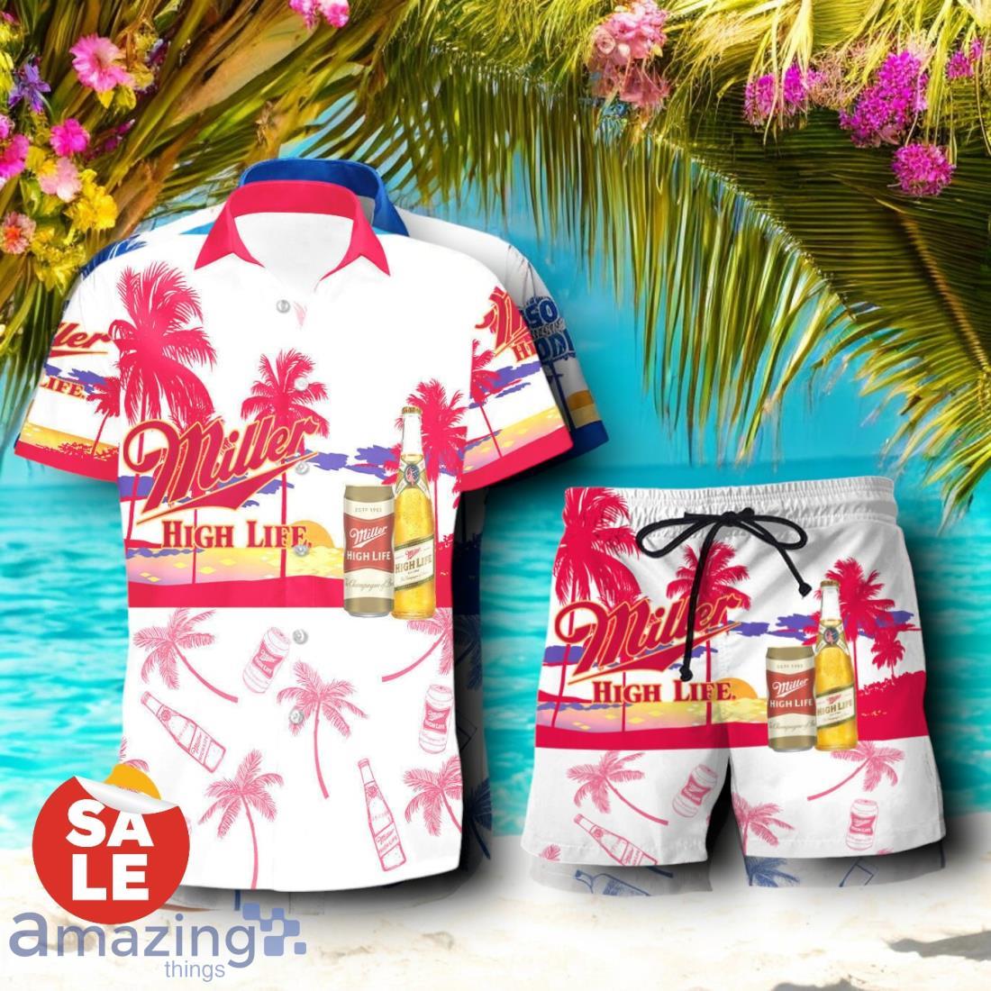 Tropical Beach Palm Tree Miller High Life Hawaiian Shirt & Short image Tropical Beach Palm Tree Miller High Life Hawaiian Shirt & Short Product Photo 1