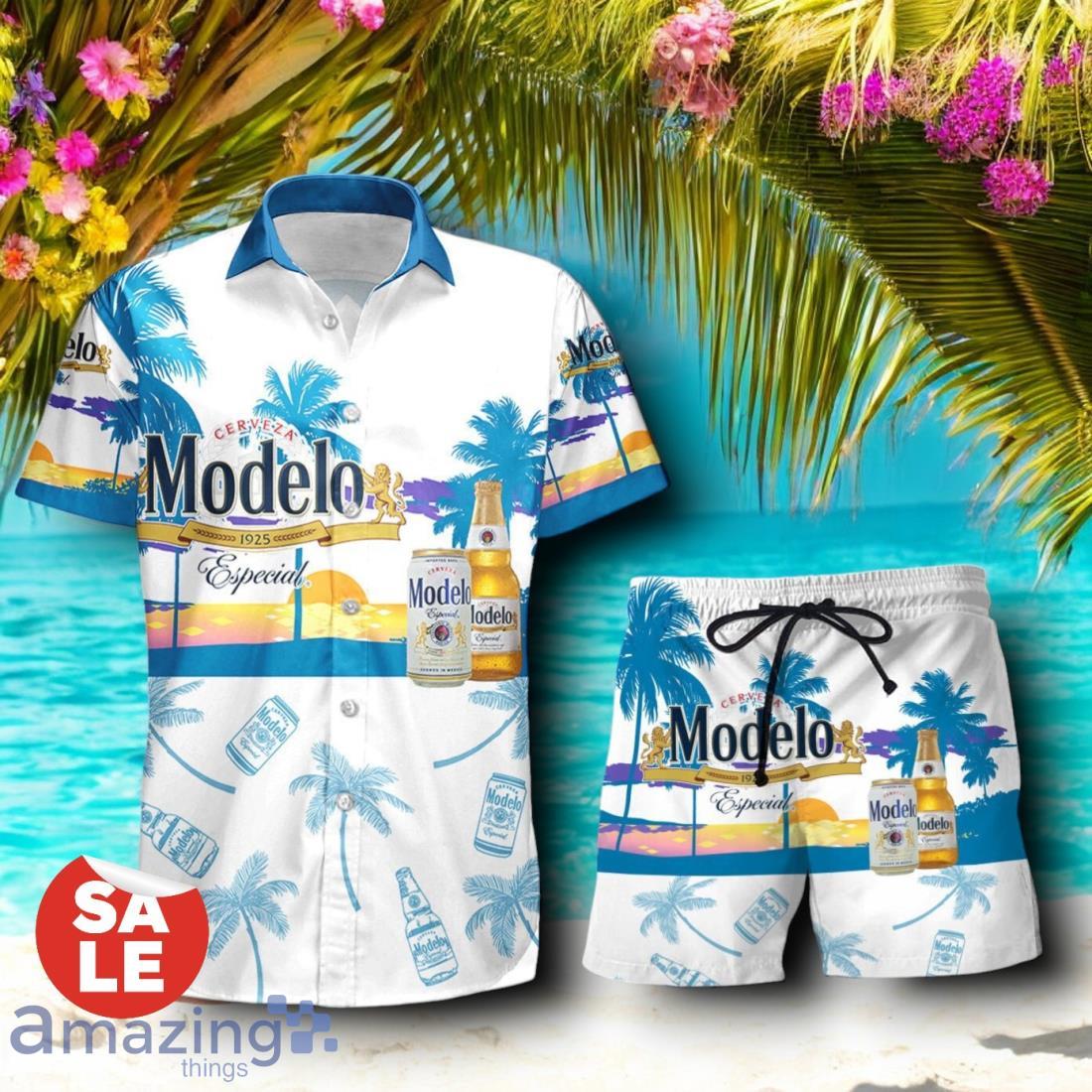 Tropical Beach Palm Tree Modelo Beer Hawaiian Shirt & Short image Tropical Beach Palm Tree Modelo Beer Hawaiian Shirt & Short Product Photo 1