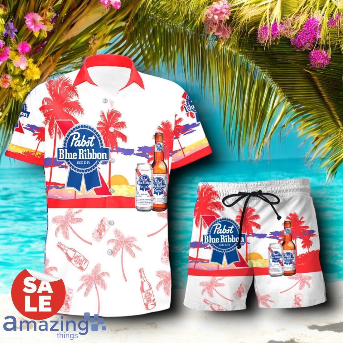 Tropical Beach Palm Tree Pabst Blue Ribbon Hawaiian Shirt & Short image Tropical Beach Palm Tree Pabst Blue Ribbon Hawaiian Shirt & Short Product Photo 1