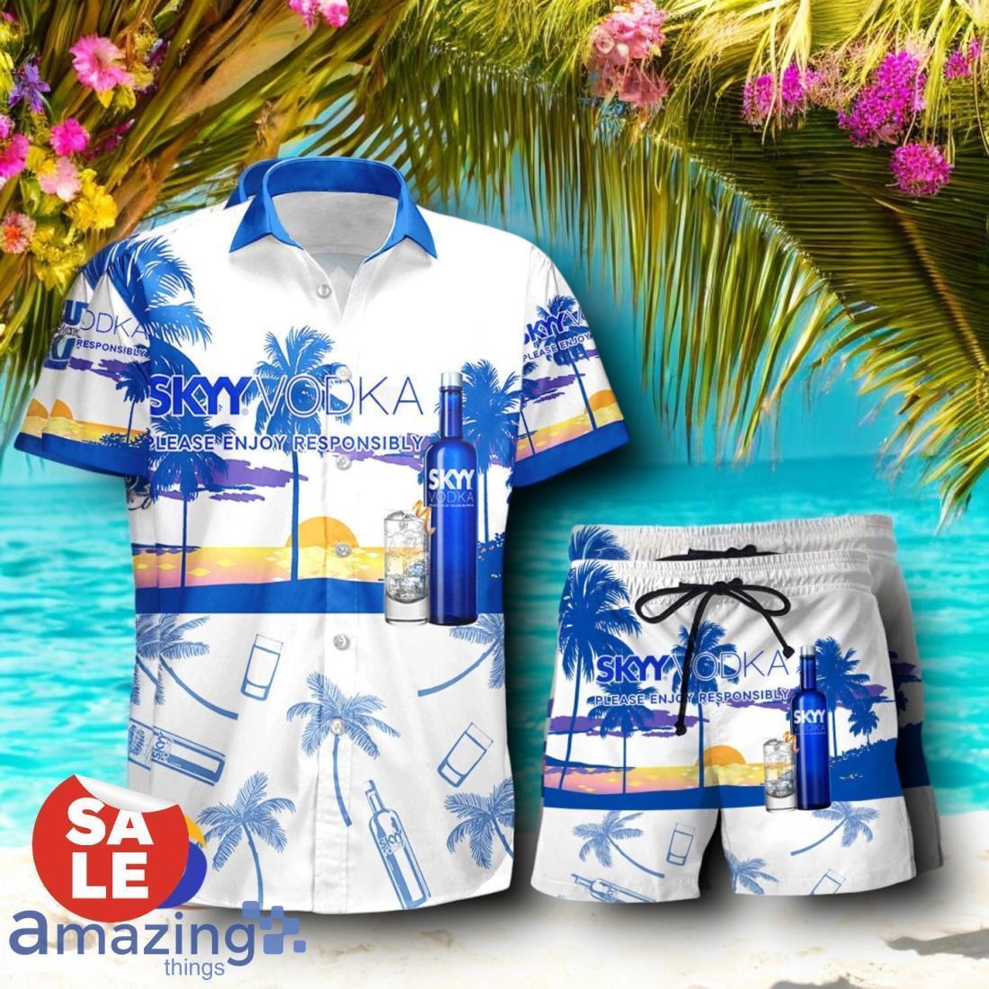 Tropical Beach Palm Tree SKYY Vodka Hawaiian Shirt & Short image Tropical Beach Palm Tree SKYY Vodka Hawaiian Shirt & Short Product Photo 1