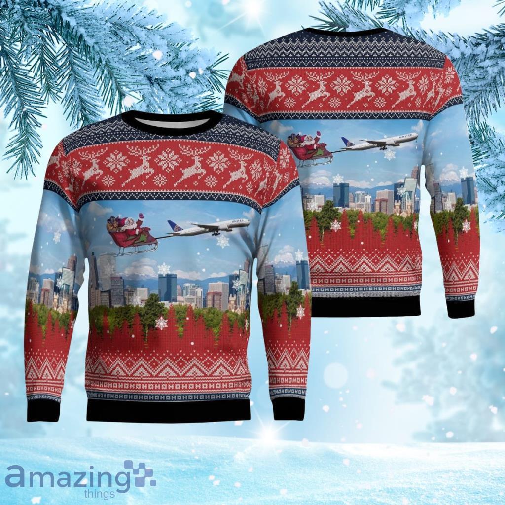 United Airlines Boeing 777 322er With Santa Over Denver Christmas Ugly Sweater 3D Gift For Men And Women image United Airlines Boeing 777 322er With Santa Over Denver Christmas Ugly Sweater 3D Gift For Men And Women Product Photo 1