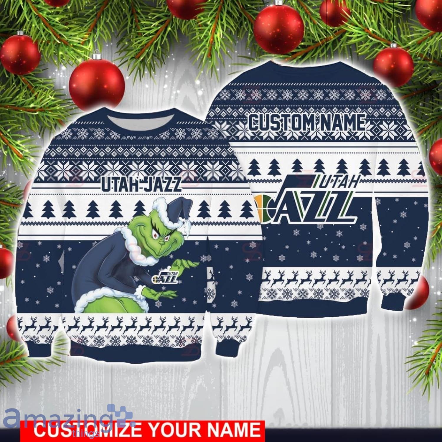 Utah Jazz Grinch With Logo Ugly Christmas Sweater Custom Name For Fans image Utah Jazz Grinch With Logo Ugly Christmas Sweater Custom Name For Fans Product Photo 1