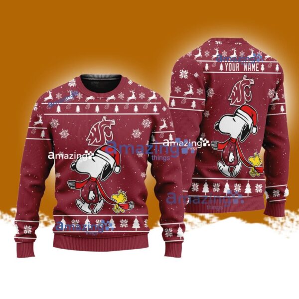 Washington State NCAA Football Snoopy And Woodstock Personzalized Christmas Ugly Sweater 3D Product Photo 1