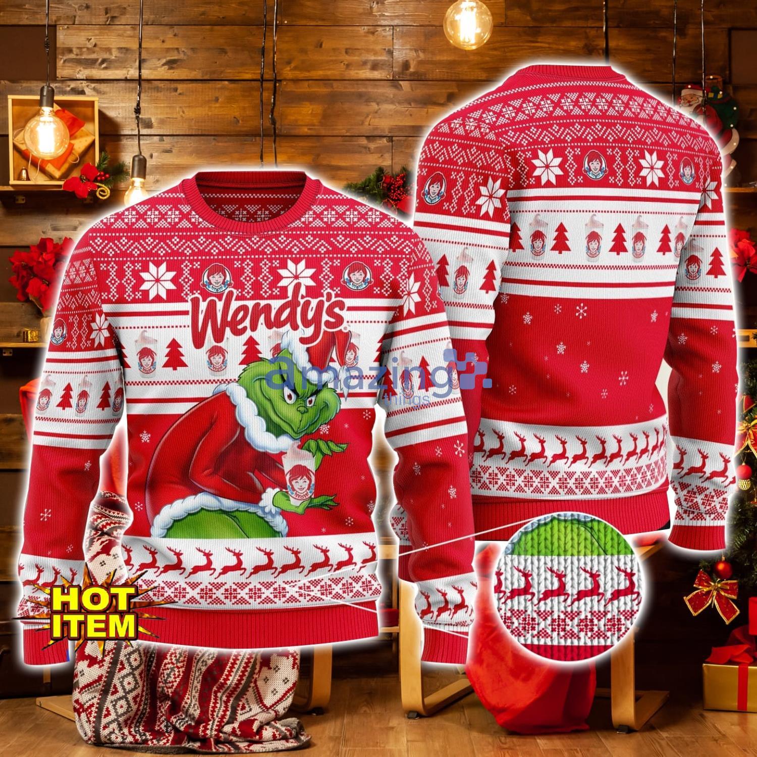 Wendy s Grinch Hug Logo Ugly Christmas Sweater Christmas Gift For Men And Women image Wendy_s Grinch Hug Logo Ugly Christmas Sweater Christmas Gift For Men And Women Product Photo 1