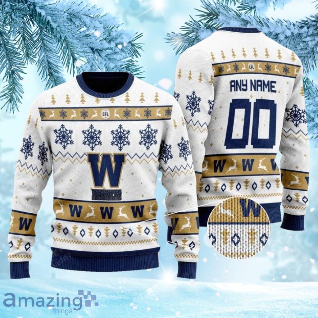 Winnipeg Blue Bombers Personalized White Ugly Christmas Sweater image Winnipeg Blue Bombers Personalized White Ugly Christmas Sweater Product Photo 1