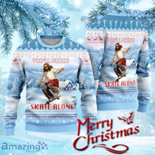 Youll Never Skate Alone Funny Jesus Skateboarding Ugly Christmas Sweater For Men And Women Christmas Gift Sweater Product Photo 1