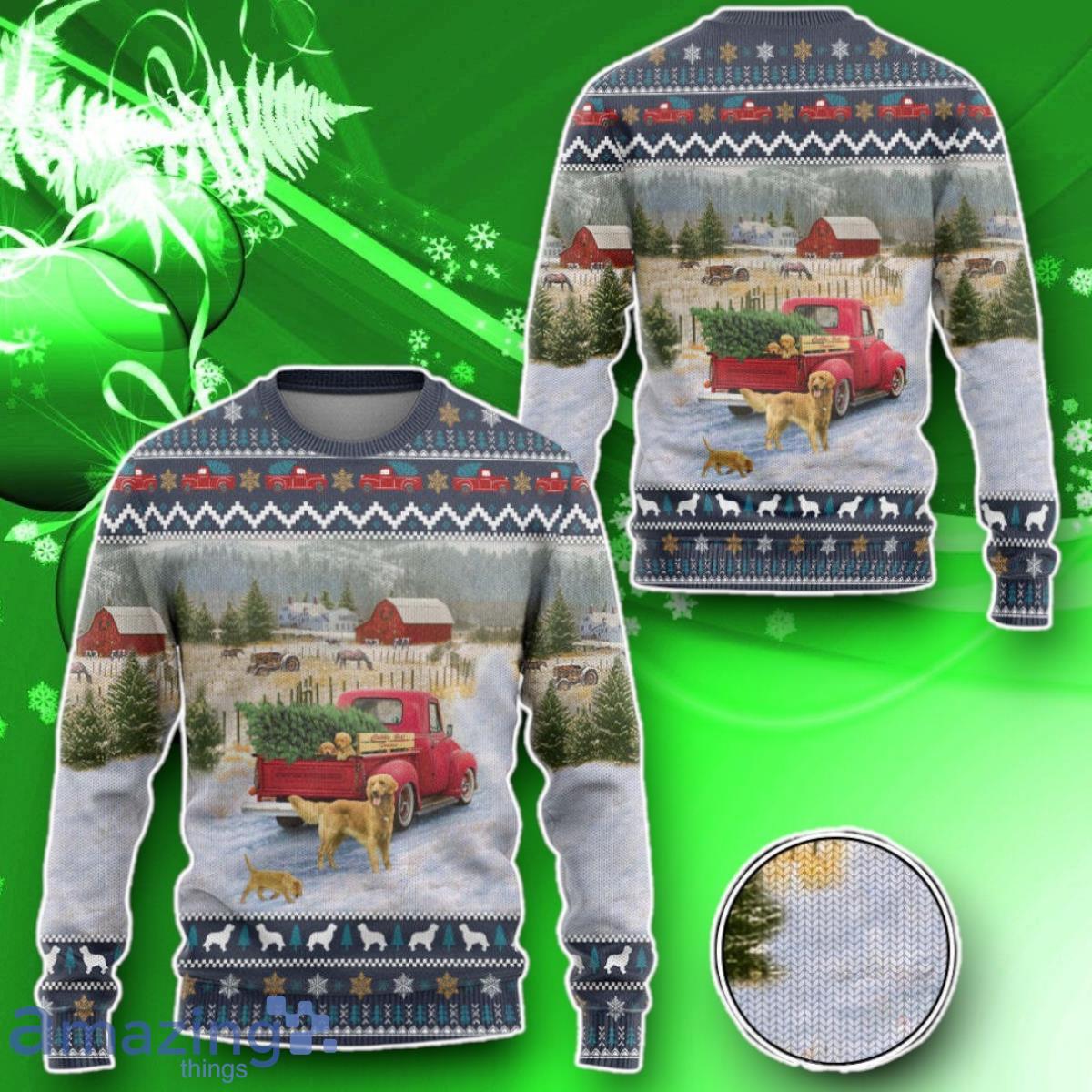 3D Golden Retriever Red Truck Christmas Custom Ugly Sweater Impressive Gift image 3D Golden Retriever Red Truck Christmas Custom Ugly Sweater Impressive Gift Product Photo 2