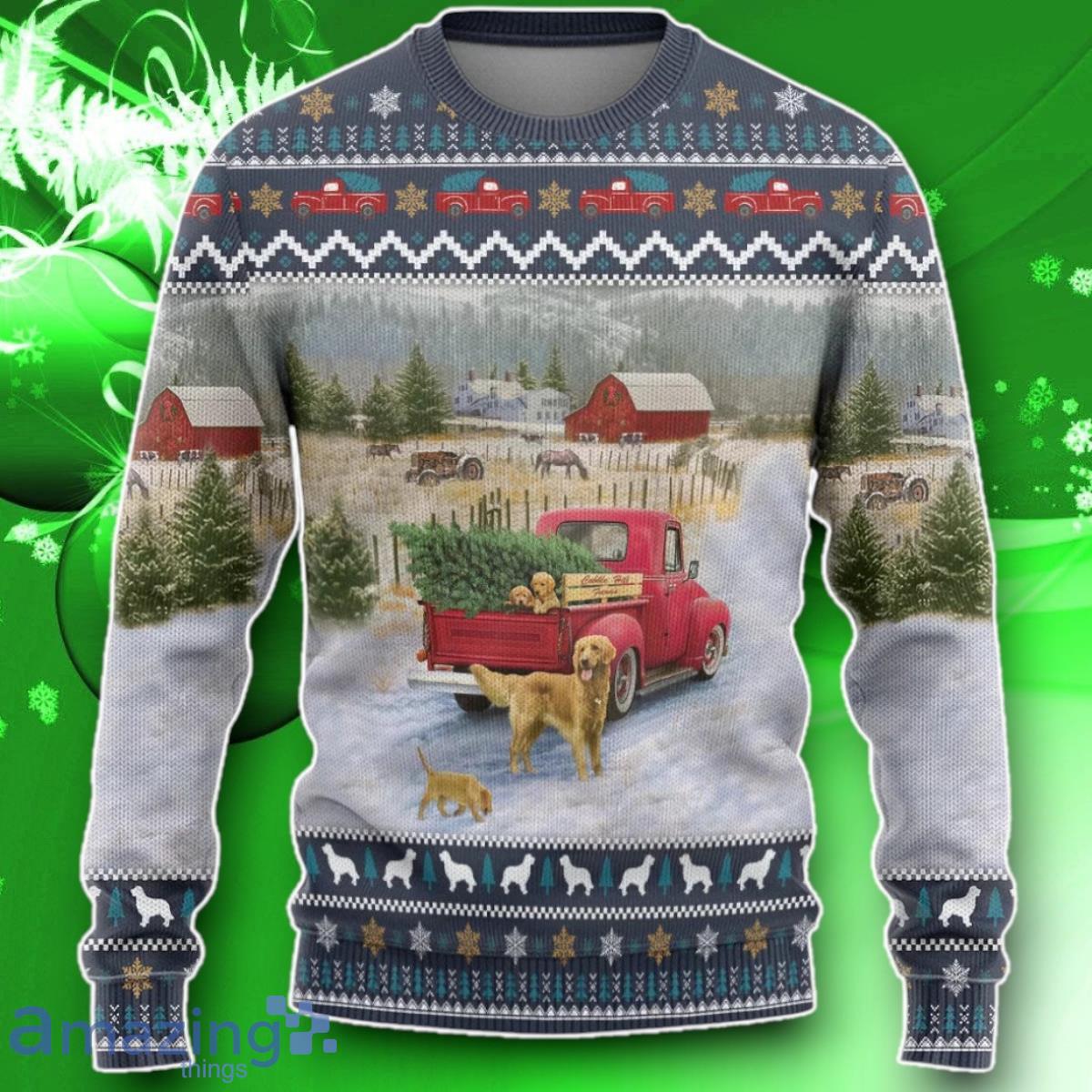 3D Golden Retriever Red Truck Christmas Custom Ugly Sweater Impressive Gift image 3D Golden Retriever Red Truck Christmas Custom Ugly Sweater Impressive Gift Product Photo 1