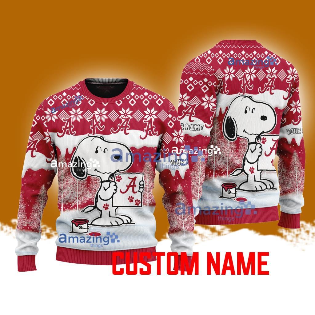 Alabama Crimson Tide NCAA Snoopy Cute Christmas Ugly Sweater 3D Gift For Fans Custom Name image Alabama Crimson Tide NCAA Snoopy Cute Christmas Ugly Sweater 3D Gift For Fans Custom Name Product Photo 1
