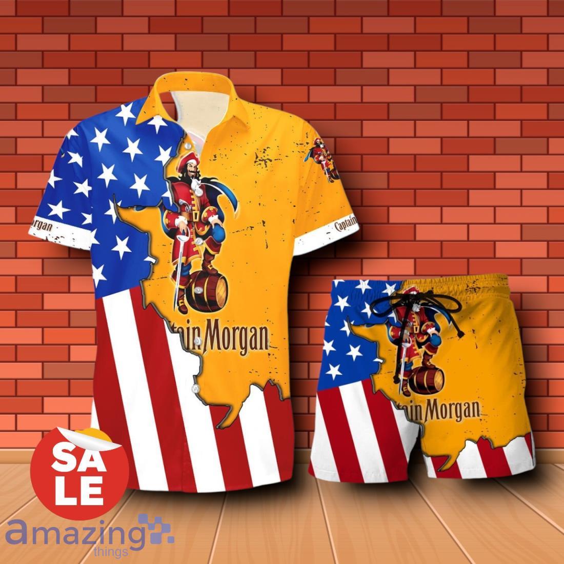 Captain Morgan USA Flag Aloha Summer Beach Combo Hawaiian Shirt & Shorts For Men Women image Captain Morgan USA Flag Aloha Summer Beach Combo Hawaiian Shirt & Shorts For Men Women Product Photo 1