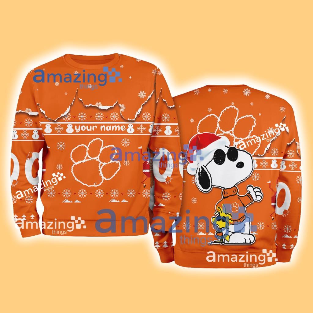 Clemson Tigers NCAA Snoopy and Woodstock Cute Personalized Number Christmas Ugly Sweater New Gift Limited Edition image Clemson Tigers NCAA Snoopy and Woodstock Cute Personalized Number Christmas Ugly Sweater New Gift Limited Edition Product Photo 1