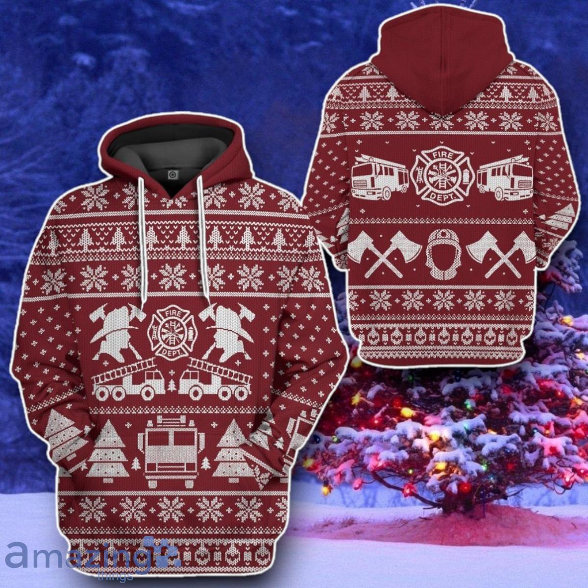 FIRE DEPT Firefighter Ugly Christmas Sweater Style Gift Red Custom Hoodie image FIRE DEPT Firefighter Ugly Christmas Sweater Style Gift Red Custom Hoodie Product Photo 2