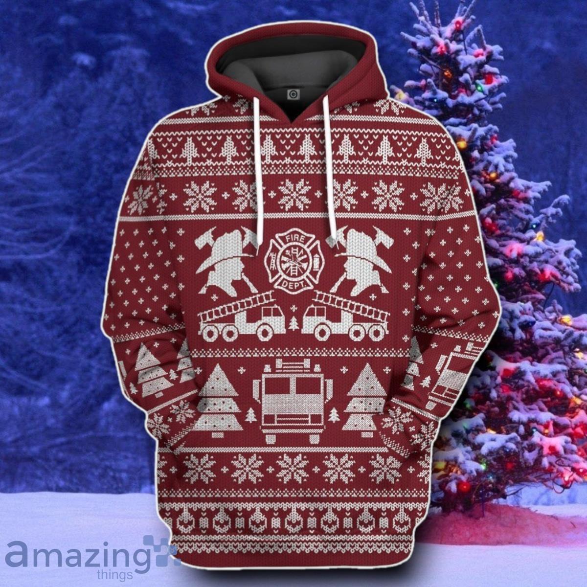 FIRE DEPT Firefighter Ugly Christmas Sweater Style Gift Red Custom Hoodie image FIRE DEPT Firefighter Ugly Christmas Sweater Style Gift Red Custom Hoodie Product Photo 1