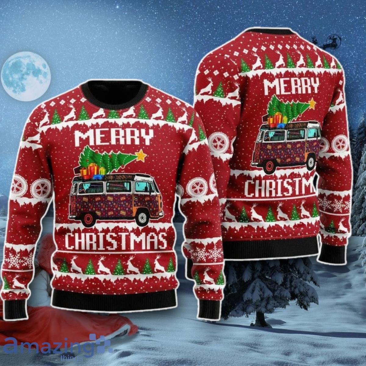 Hippie Car Merry Christmas Ugly Christmas Sweater Style Gift image Hippie Car Merry Christmas Ugly Christmas Sweater Style Gift Product Photo 1