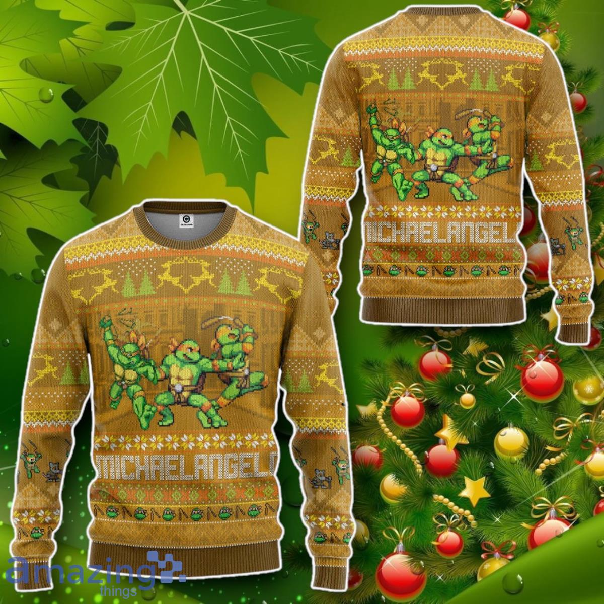 Michelangelo Mike TMNT Ugly Christmas Style Custom Ugly Sweater Impressive Gift image Michelangelo Mike TMNT Ugly Christmas Style Custom Ugly Sweater Impressive Gift Product Photo 2