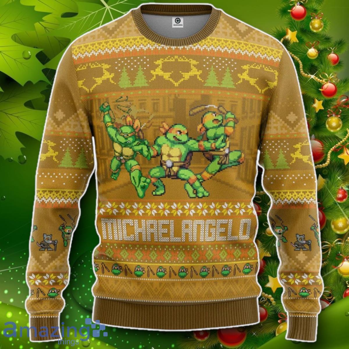 Michelangelo Mike TMNT Ugly Christmas Style Custom Ugly Sweater Impressive Gift image Michelangelo Mike TMNT Ugly Christmas Style Custom Ugly Sweater Impressive Gift Product Photo 1
