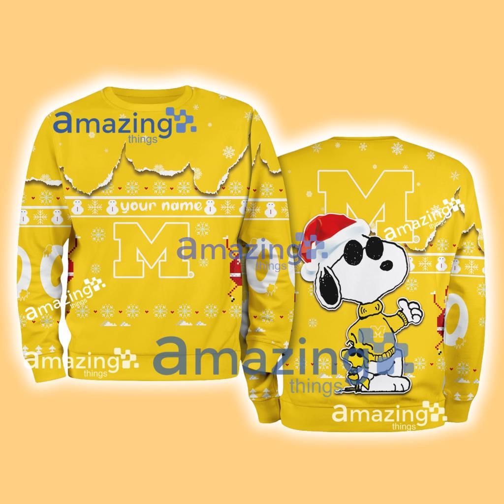 Michigan Wolverines NCAA Snoopy and Woodstock Cute Personalized Number Christmas Ugly Sweater New Gift Limited Edition image Michigan Wolverines NCAA Snoopy and Woodstock Cute Personalized Number Christmas Ugly Sweater New Gift Limited Edition Product Photo 1