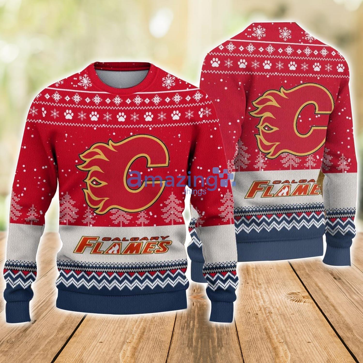 NHL Calgary Flames Hockey Team Logo Ugly Christmas Sweater Sports Team Family Christmas Gift image NHL Calgary Flames Hockey Team Logo Ugly Christmas Sweater Sports Team Family Christmas Gift Product Photo 1