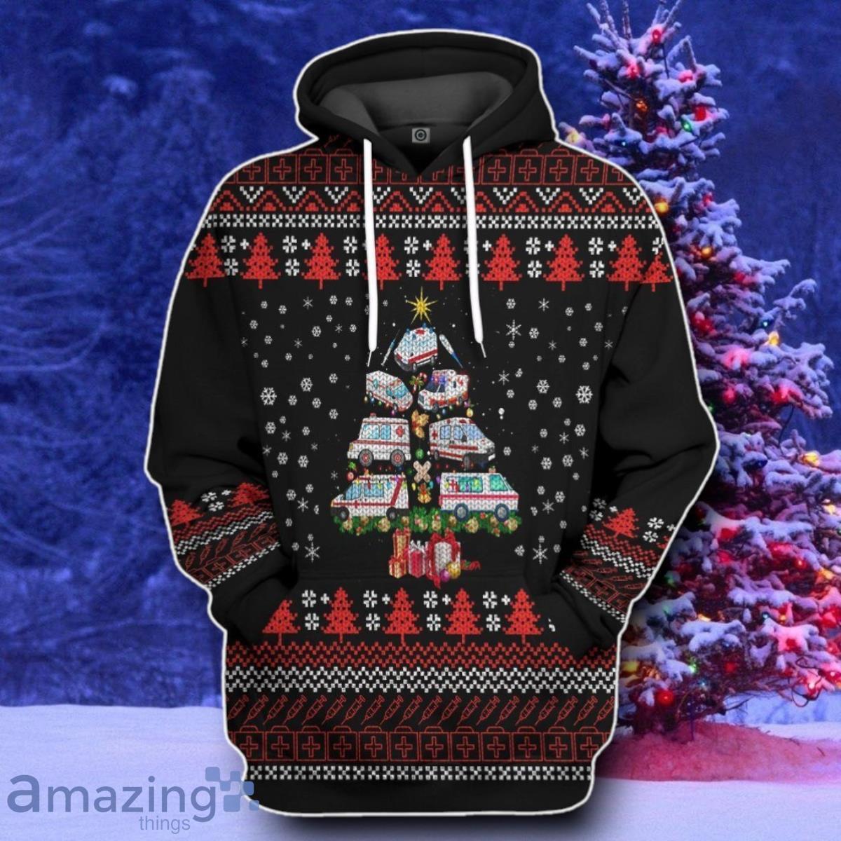 Paramedic Ambulance Xmas Tree Ugly Christmas Sweater Style Gift Custom Hoodie image Paramedic Ambulance Xmas Tree Ugly Christmas Sweater Style Gift Custom Hoodie Product Photo 1