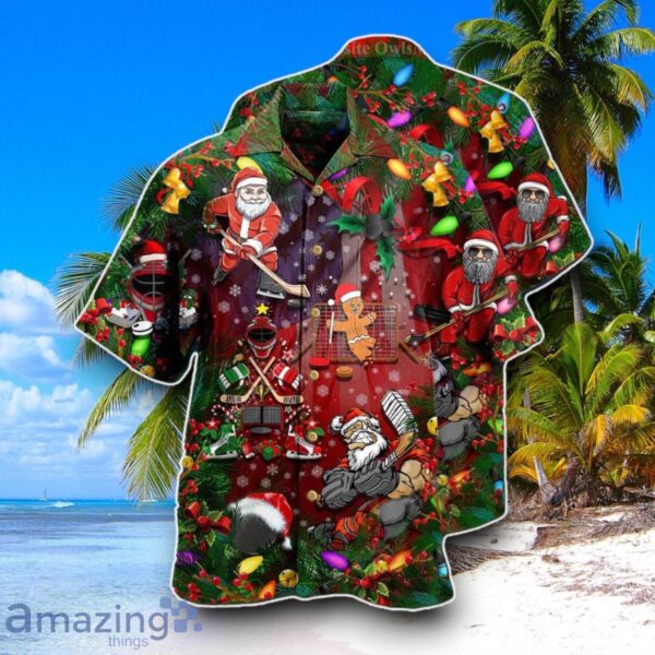 Come On Play Hockey With Santa Claus And Reindeer Christmas Hawaiian Shirt Best Gift For Men And Women Product Photo 1