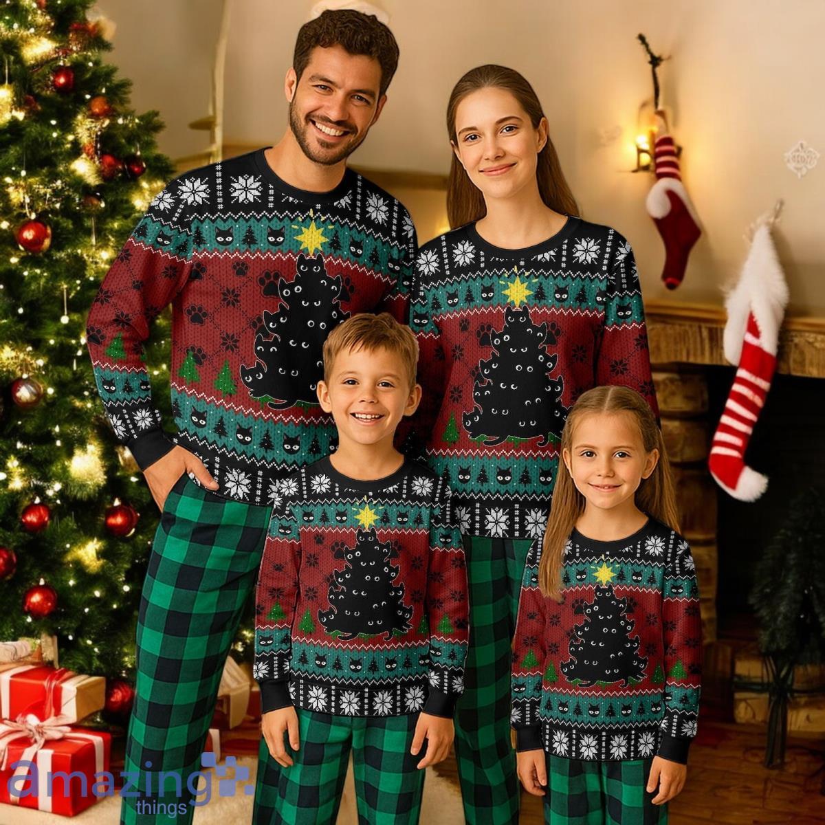 Cute Black Cat Christmas Holiday Pajamas Set For Family image Cute Black Cat Christmas Holiday Pajamas Set For Family Product Photo 1
