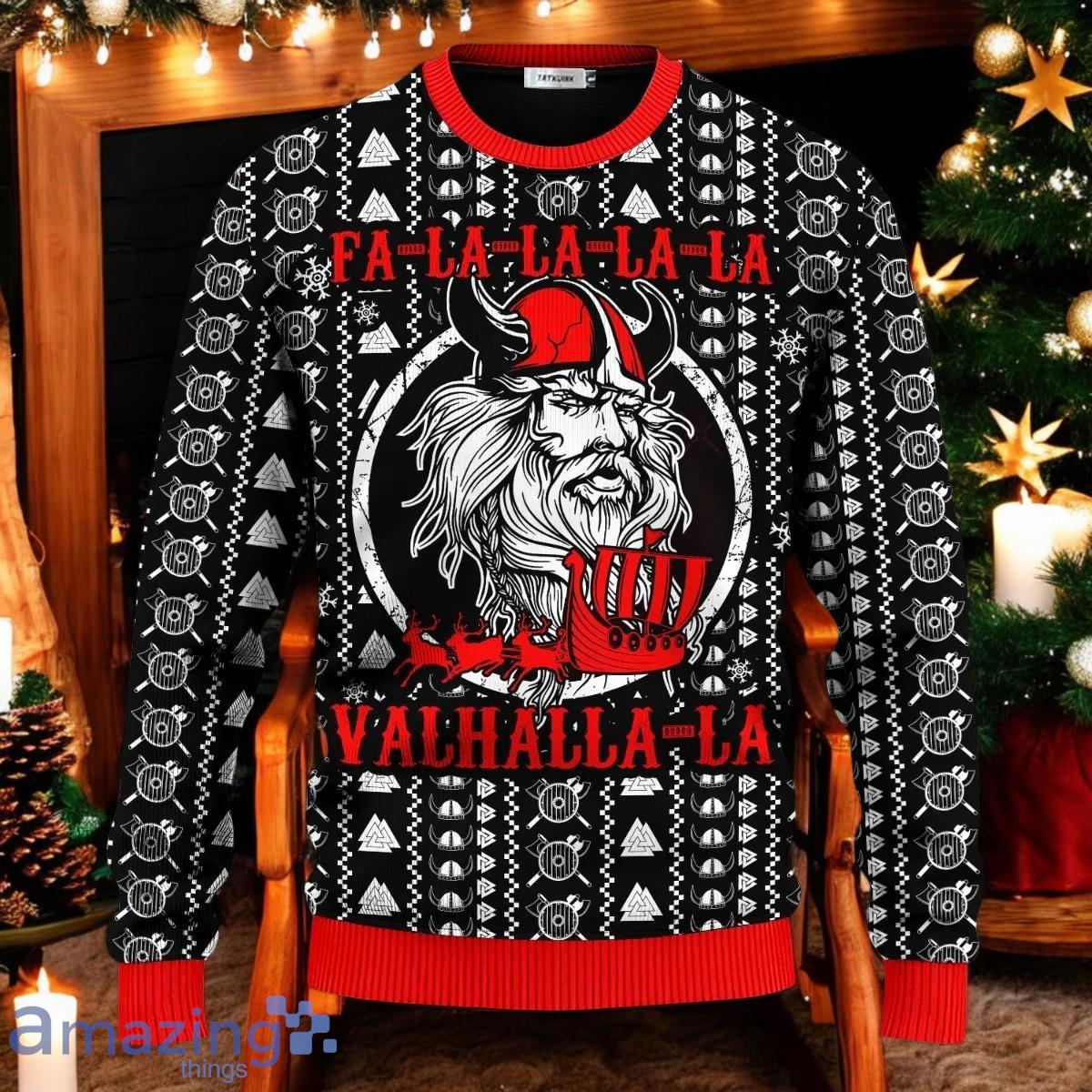 Falalalala Valhallala Red Pattern Viking Ugly Christmas Sweater Holiday Gift For Family and Friends image Falalalala Valhallala Red Pattern Viking Ugly Christmas Sweater Holiday Gift For Family and Friends Product Photo 1