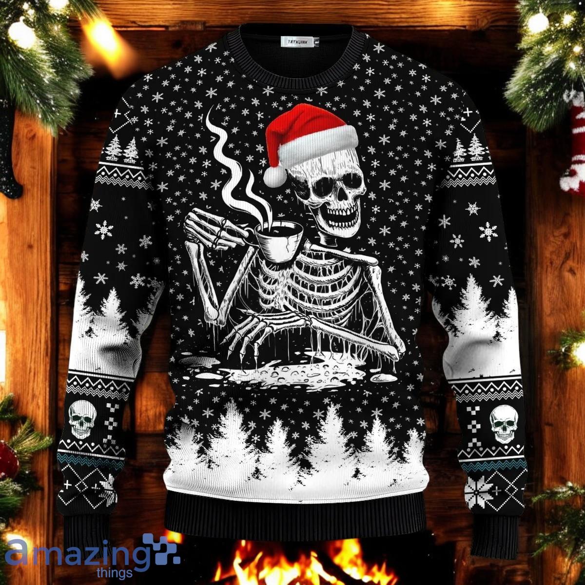 Skull Drinking Hot Coffee Ugly Christmas Sweater Holiday Gift For Family and Friends image Skull Drinking Hot Coffee Ugly Christmas Sweater Holiday Gift For Family and Friends Product Photo 1