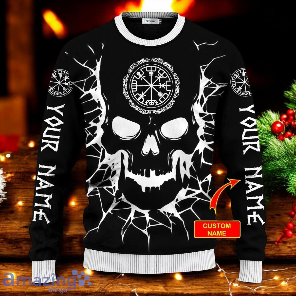 Skull Vegvisir Back And White Viking Custom Ugly Christmas Sweater Holiday Gift For Family and Friends image Skull Vegvisir Back And White Viking Custom Ugly Christmas Sweater Holiday Gift For Family and Friends Product Photo 1