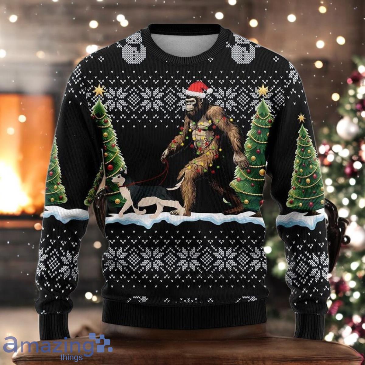 Bigfoot Walking Husky Christmas Sweater Funny Sasquatch Holiday Sweater image Bigfoot Walking Husky Christmas Sweater Funny Sasquatch Holiday Sweater Product Photo 1