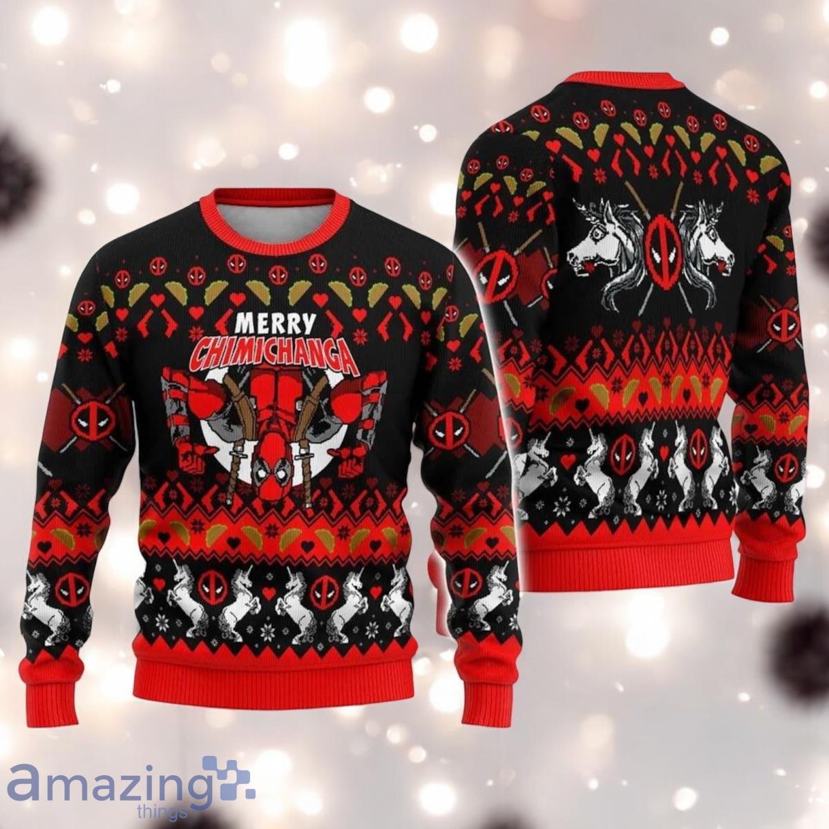 Deadpool Christmas Ugly Sweater Merry Chimichanga Superhero 2025 Christmas Sweater image Deadpool Christmas Ugly Sweater Merry Chimichanga Superhero 2025 Christmas Sweater Product Photo 1