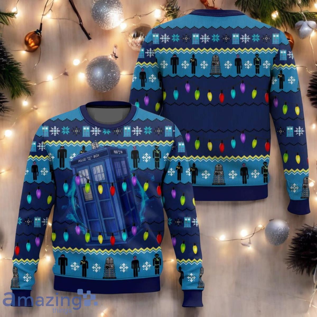 Doctor Who Ugly Christmas Sweater Tardis Sweater For Fan Tardis Police Box Holiday Sweater image Doctor Who Ugly Christmas Sweater Tardis Sweater For Fan Tardis Police Box Holiday Sweater Product Photo 1