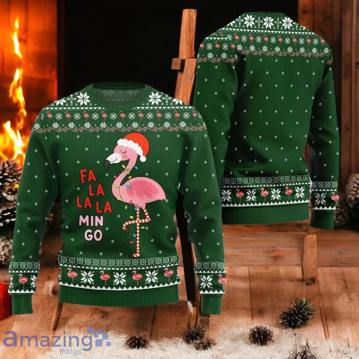 Fla La La Flamingo Christmas Ugly Sweater Funny Santa Hat Xmas Green Sweater image Fla La La Flamingo Christmas Ugly Sweater Funny Santa Hat Xmas Green Sweater Product Photo 1