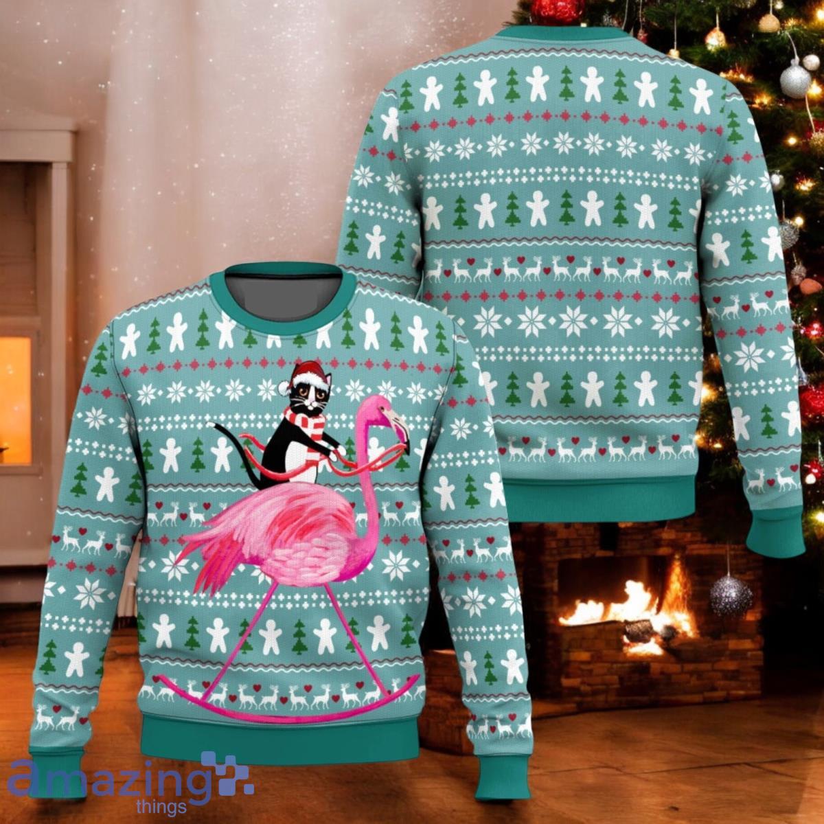 Flamingo Cat Christmas Ugly Sweater Pet And Flamingo Holiday Sweater image Flamingo Cat Christmas Ugly Sweater Pet And Flamingo Holiday Sweater Product Photo 1